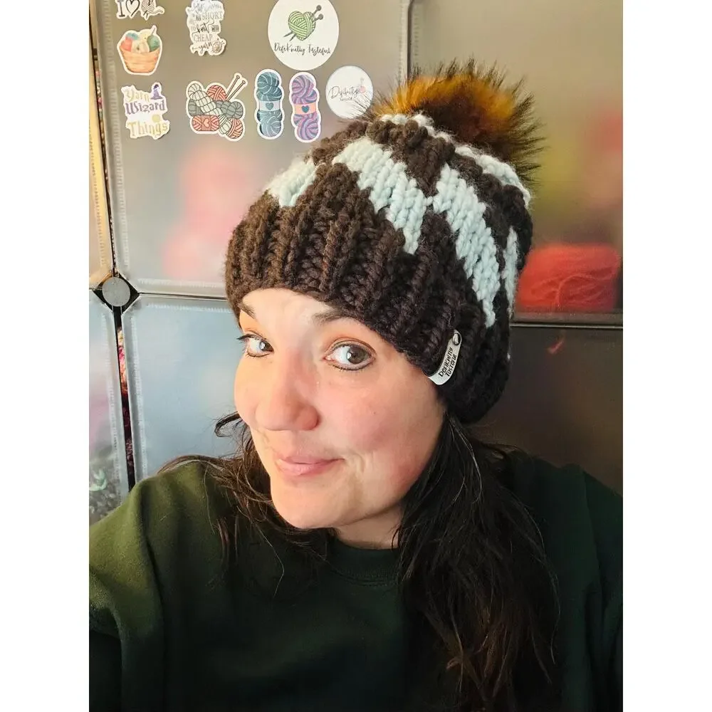 Hand Knit Tilt A Whirl Beanie: Cozy Winter Hat with Faux Fur Pom